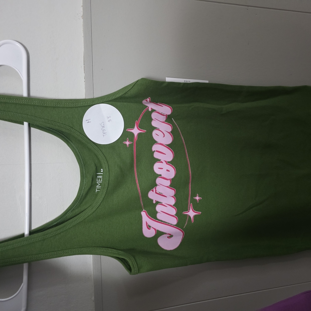 Green Tank Top with Pink 'Introvert' Print